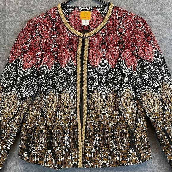 RUBY RD. Jacket Womens 12 Quilted Boho Geometric Red Black Gold Long Sleeve EUC - Picture 1 of 15